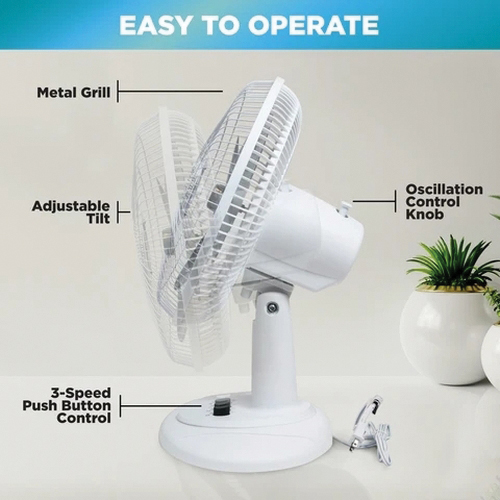 Comfort Zone CZ121BW Oscillating Table Fan, 12 in Dia Blade, 3-Speed, 210 cfm Air, White