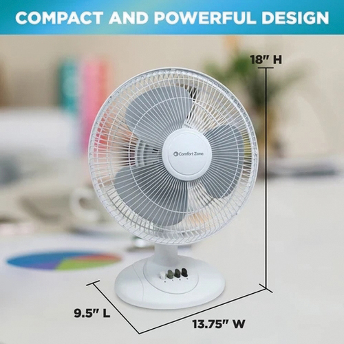 Comfort Zone CZ121BW Oscillating Table Fan, 12 in Dia Blade, 3-Speed, 210 cfm Air, White