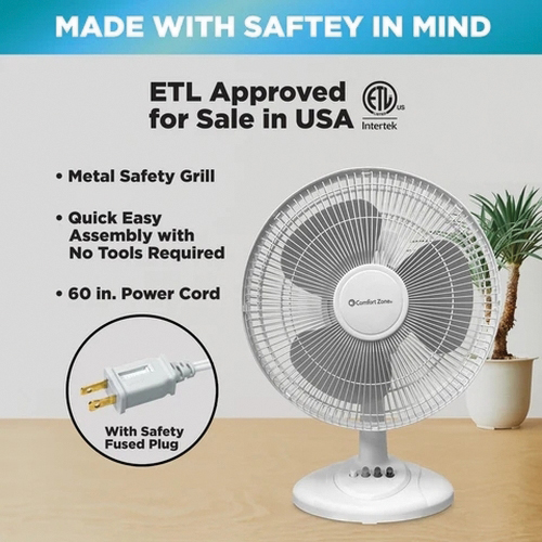 Comfort Zone CZ121BW Oscillating Table Fan, 12 in Dia Blade, 3-Speed, 210 cfm Air, White