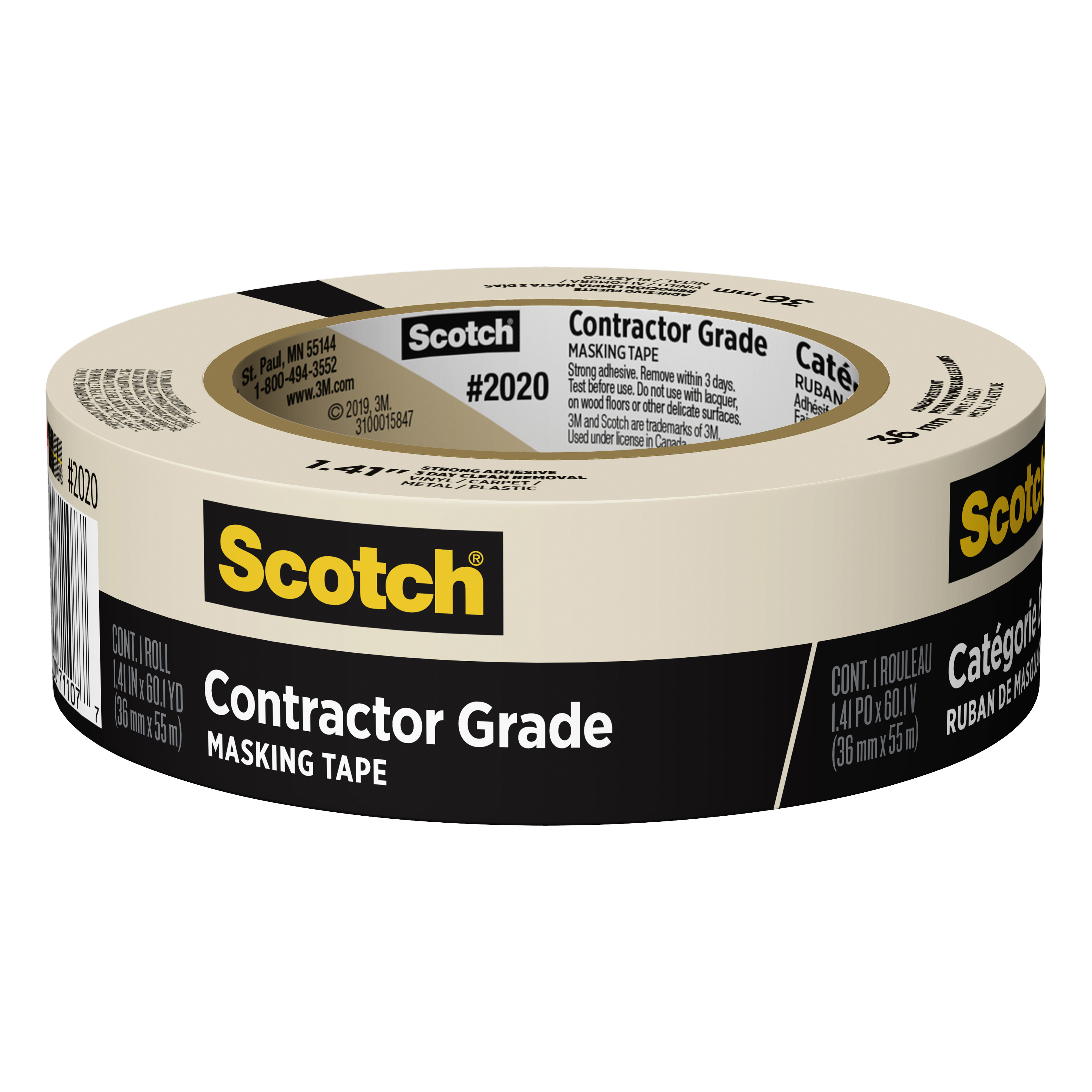 Scotch 2020-36AP Masking Tape, 60 yd L, 1.41 in W, Tan