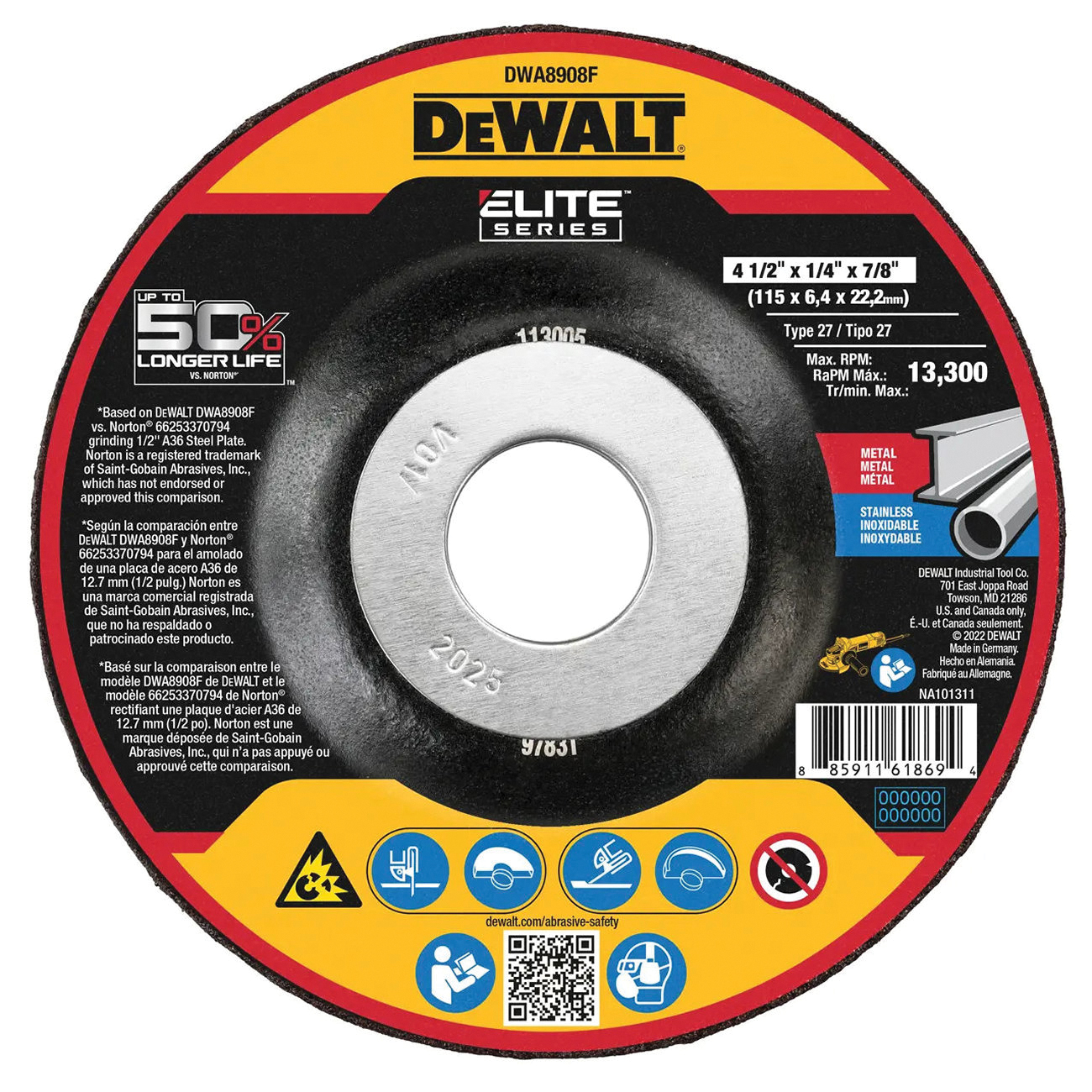 ELITE Series DWA8908F Grinding Wheel, 4-1/2 in Dia, 1/4 in Thick, 7/8 in Arbor, 24 Grit, Very Coarse