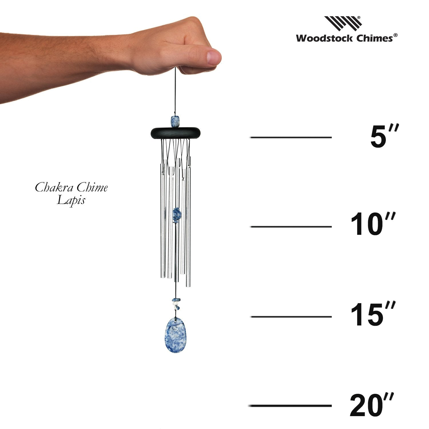 Woodstock Chimes CCL Wind Chime, Lapis/Brow Chakra, Aluminum/Ash Wood/Stone, Black/Silver, Polished