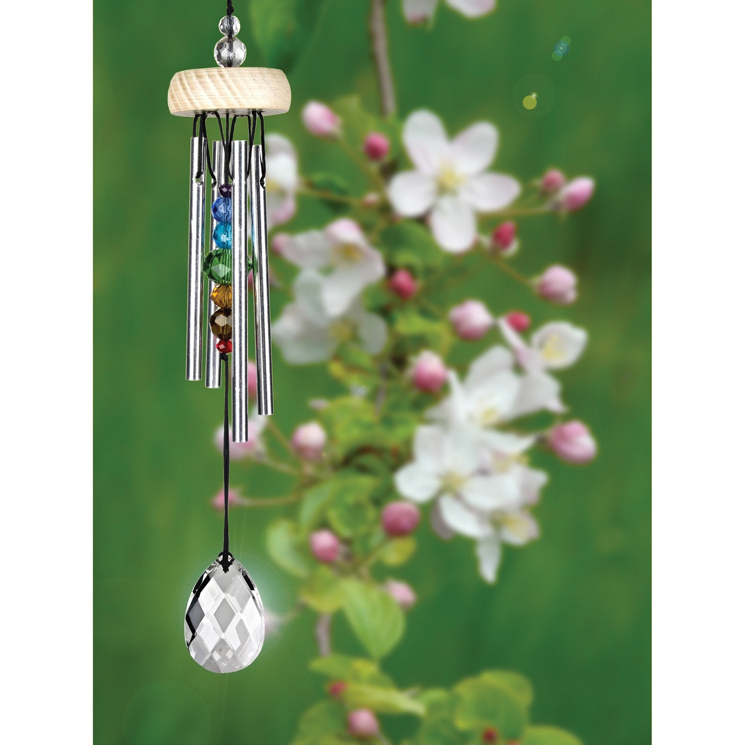 Woodstock Chimes GEMPR Wind Chime, Prism Gem Drop, Aluminum/Ash Wood/Crystal, White/Silver