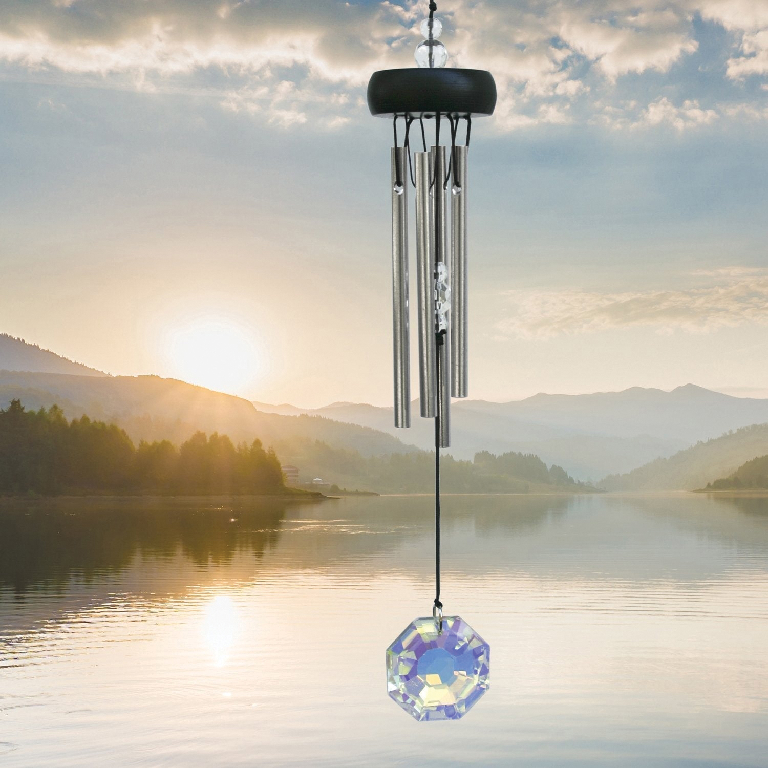 Woodstock Chimes PSCR Precious Stone Wind Chime, Crystal, Aluminum/Ash Wood/Glass Crystal, Black/Silver, Polished