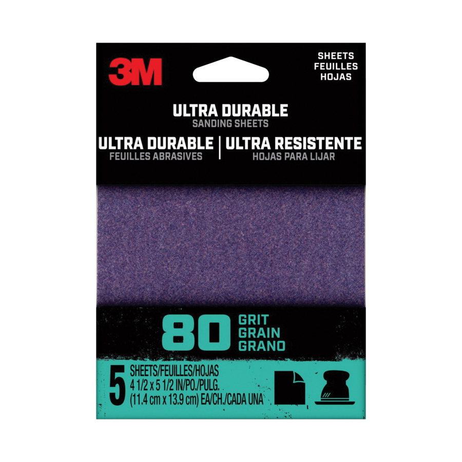 27363 Sandpaper Sheet, 2 in W, 2 in L, 80 Grit, Medium, Aluminum Oxide/Ceramic Abrasive, Cloth Backing, 5 pk