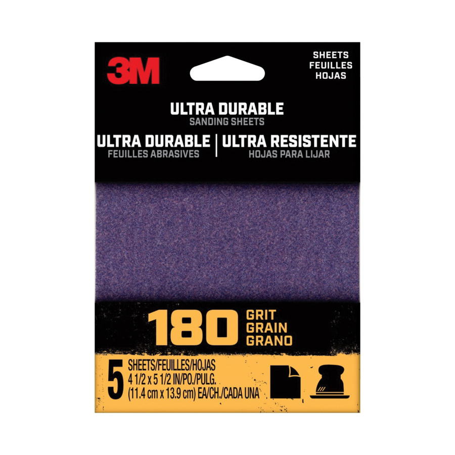 27367 Sandpaper Sheet, 3 in W, 3 in L, 180 Grit, Fine, Aluminum Oxide/Ceramic Abrasive, Cloth Backing, 5 pk