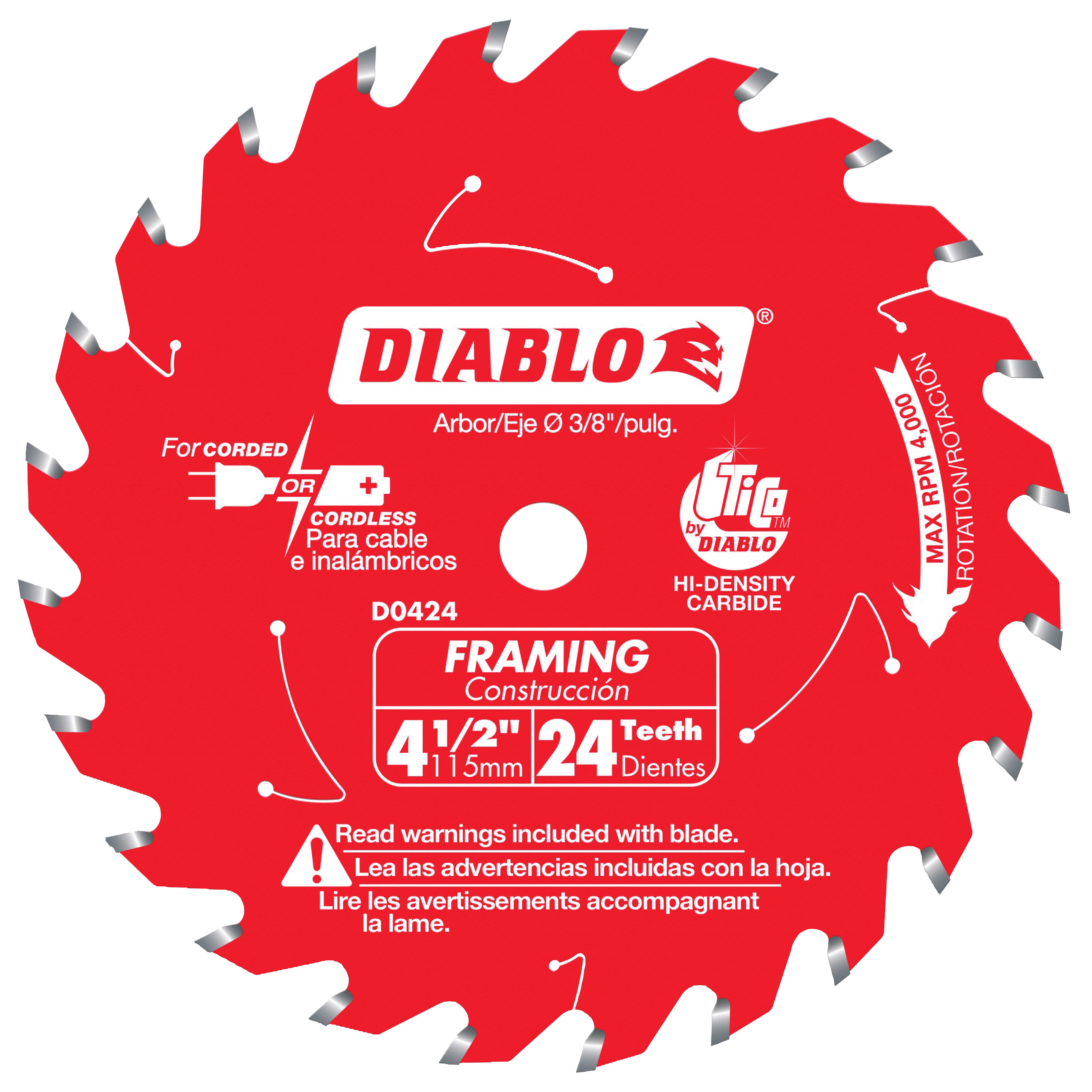 D0424X Saw Blade, 4-1/2 in Dia, 3/8 in Arbor, 24-Teeth, Applicable Materials: Wood