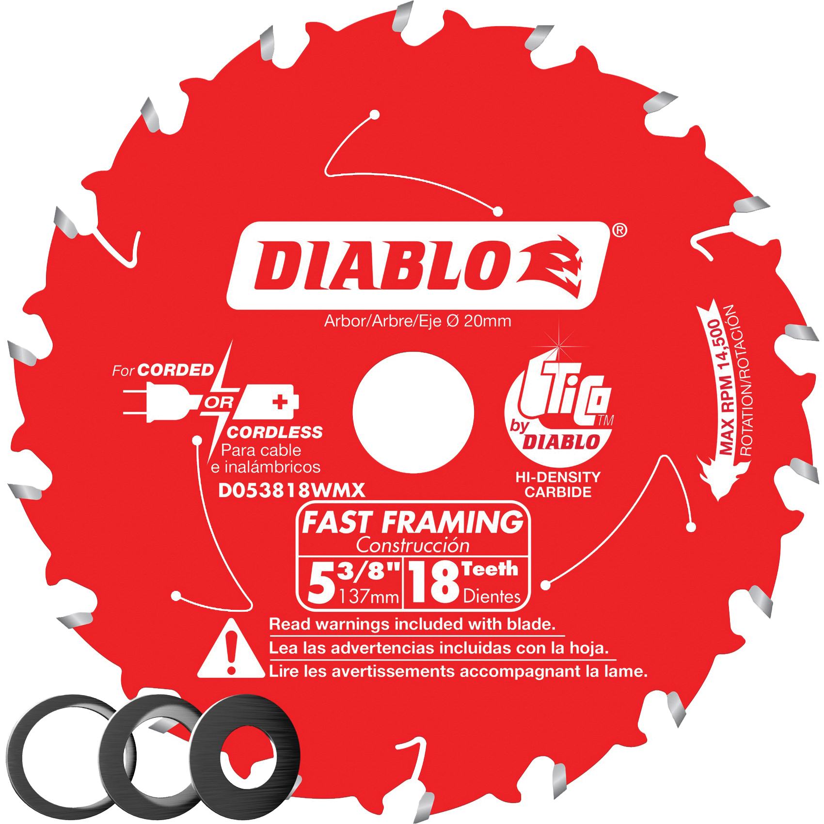 D053818WMX Saw Blade, 5-3/8 in Dia, 20 mm Arbor, 18-Teeth, Applicable Materials: Wood