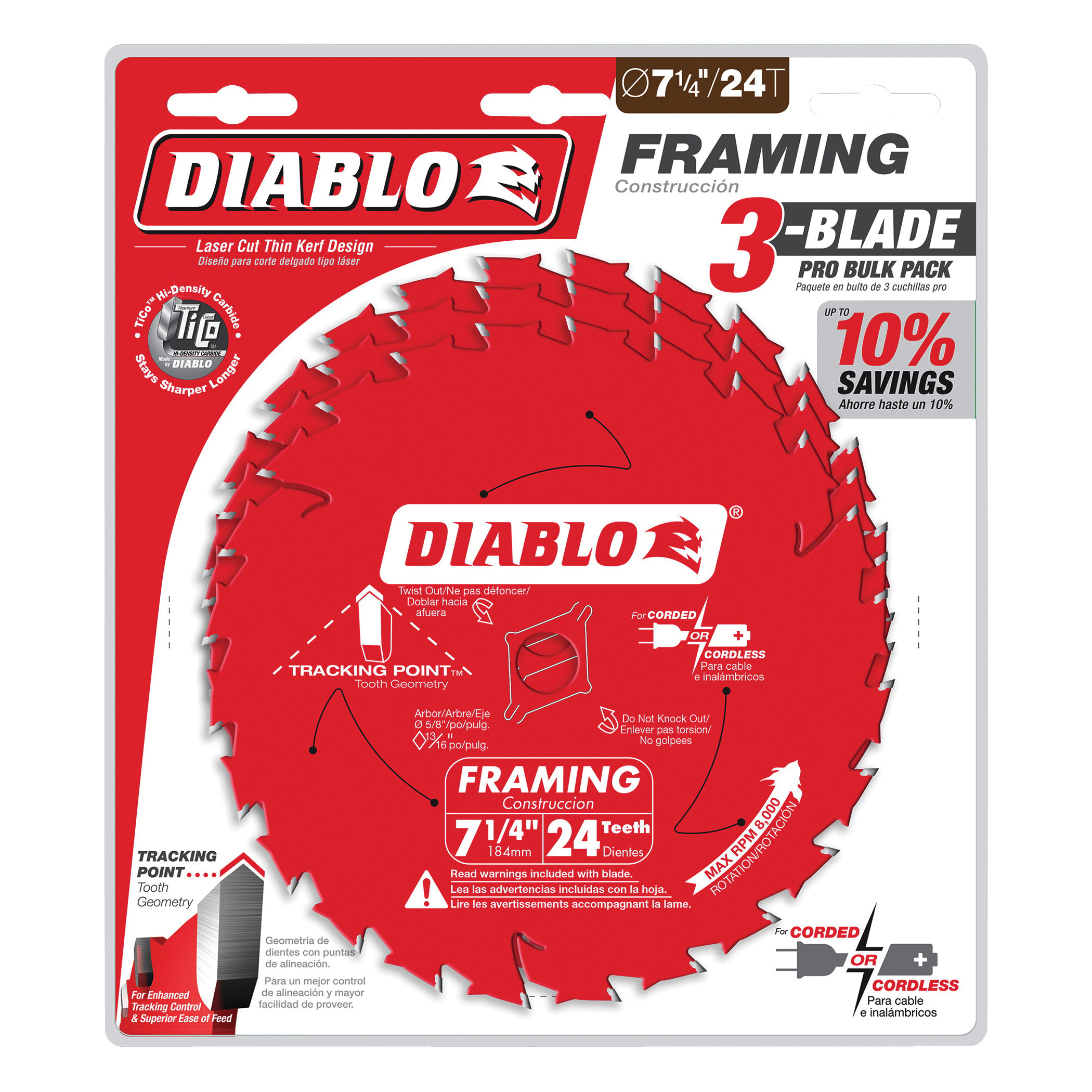 D0724X3 Saw Blade, 7-1/4 in Dia, 5/8 in Arbor, 24-Teeth, Applicable Materials: Wood