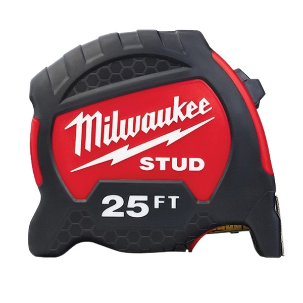 STUD Series 48-22-9725 Tape Measure, 25 ft L Blade, 1-5/16 in W Blade, Steel Blade, ABS Case, Black/Red Case