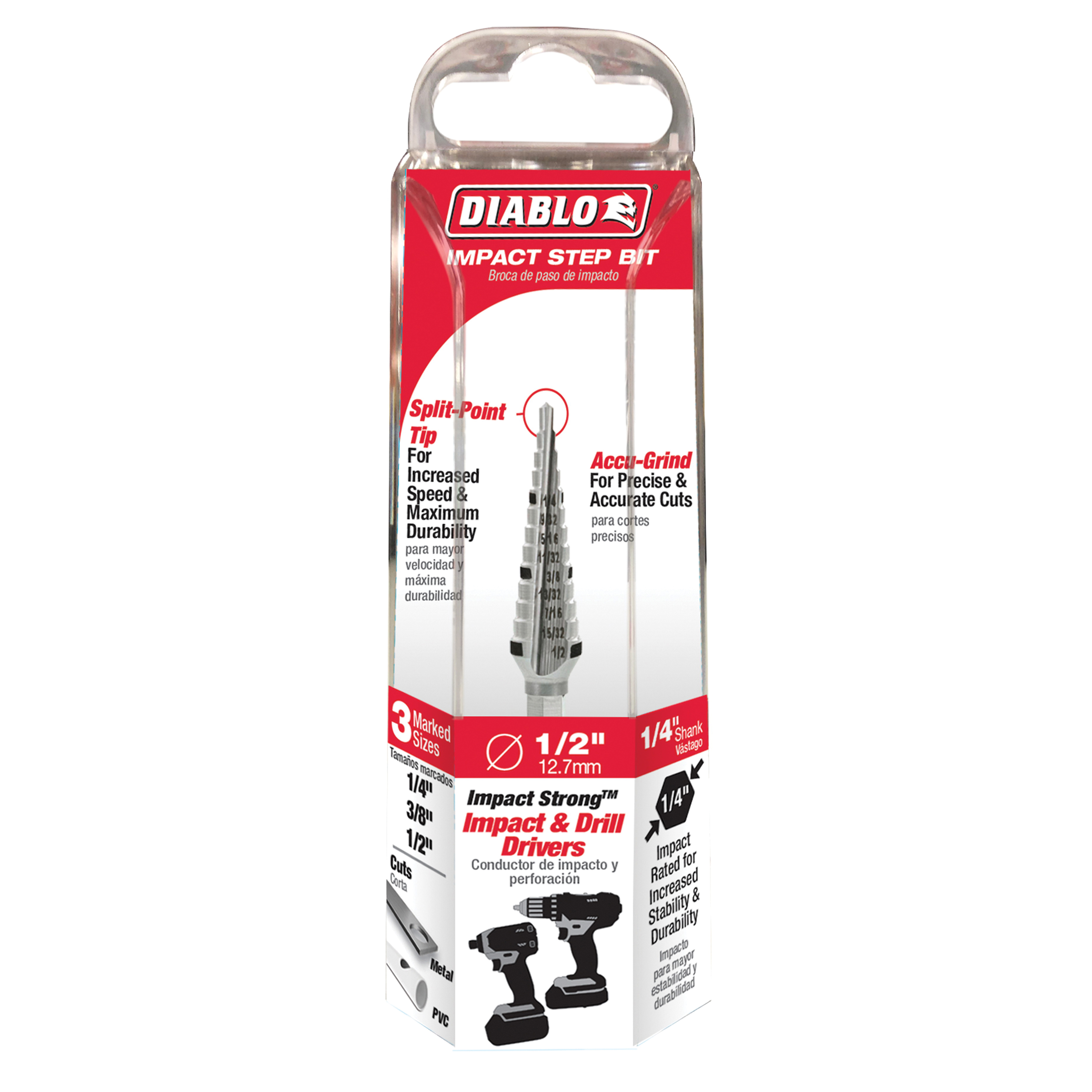 DSD0500S13 Step Drill Bit, 1/4 to 1/2 in Dia, 3-1/32 in OAL, Dual Flute, 1/4 in Dia Shank, Hex Shank