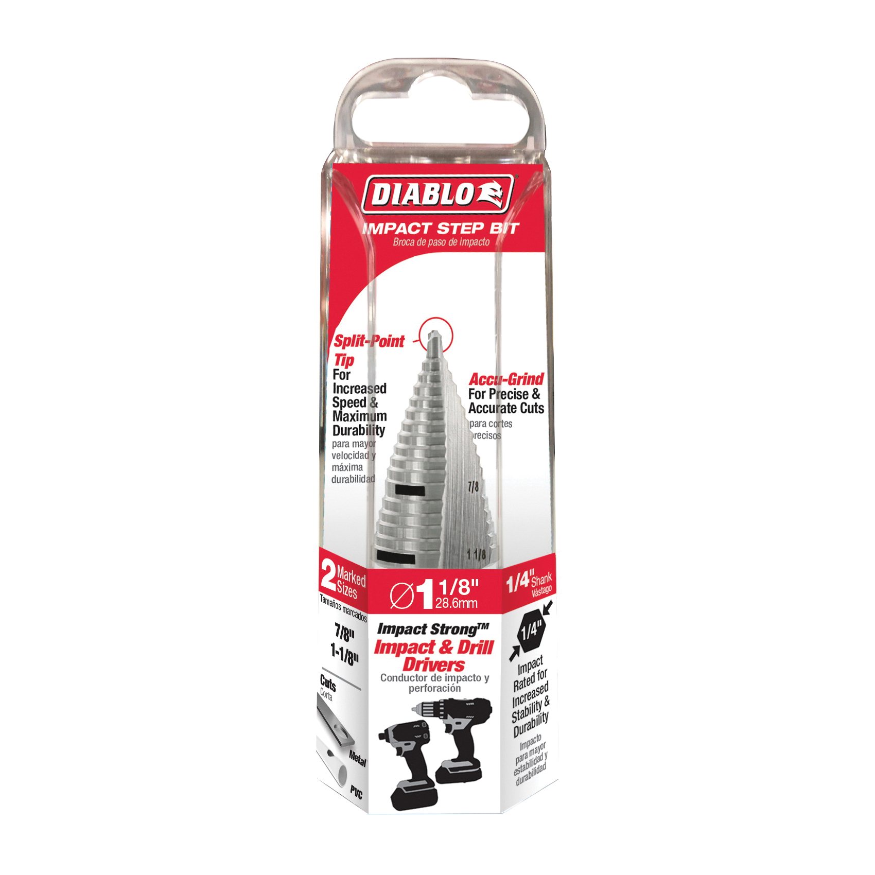 DSD1125S17 Step Drill Bit, 7/8 to 1-1/8 in Dia, 3-1/32 in OAL, Dual Flute, 1/4 in Dia Shank, Hex Shank