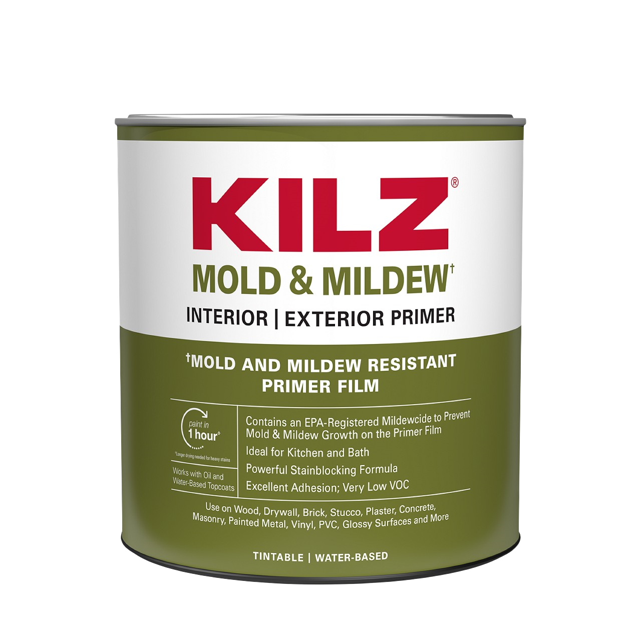 KILZ L204614 KILZ Mold & Mildew Interior/Exterior Primer, Sealer & Stainblocker, White 1 qt, Can, 75-100 sq. ft. Coverage Area, Water Base