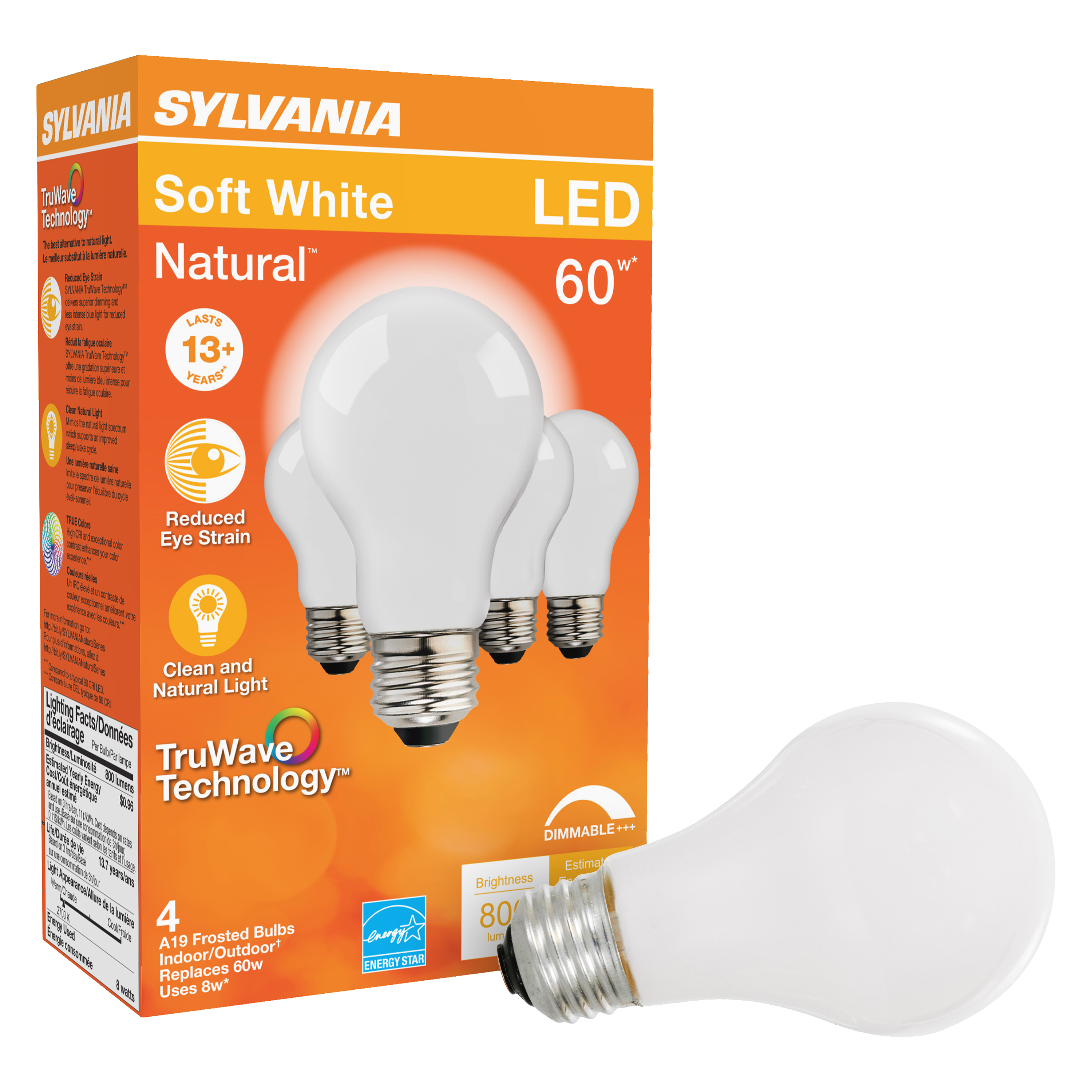 Sylvania 40670 LED Bulb, General Purpose, A19 Lamp, E26 Lamp Base, Dimmable, Frosted, Soft White Light