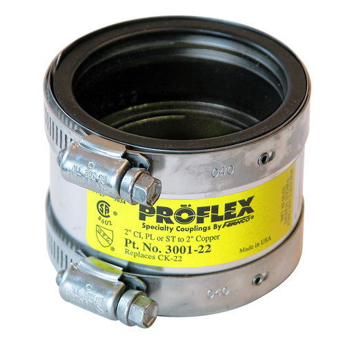 Fernco 3001-22 Shielded Pipe Coupling, 2 in, Sweat, Neoprene Rubber/Stainless Steel Body, 4.3 psi Pressure