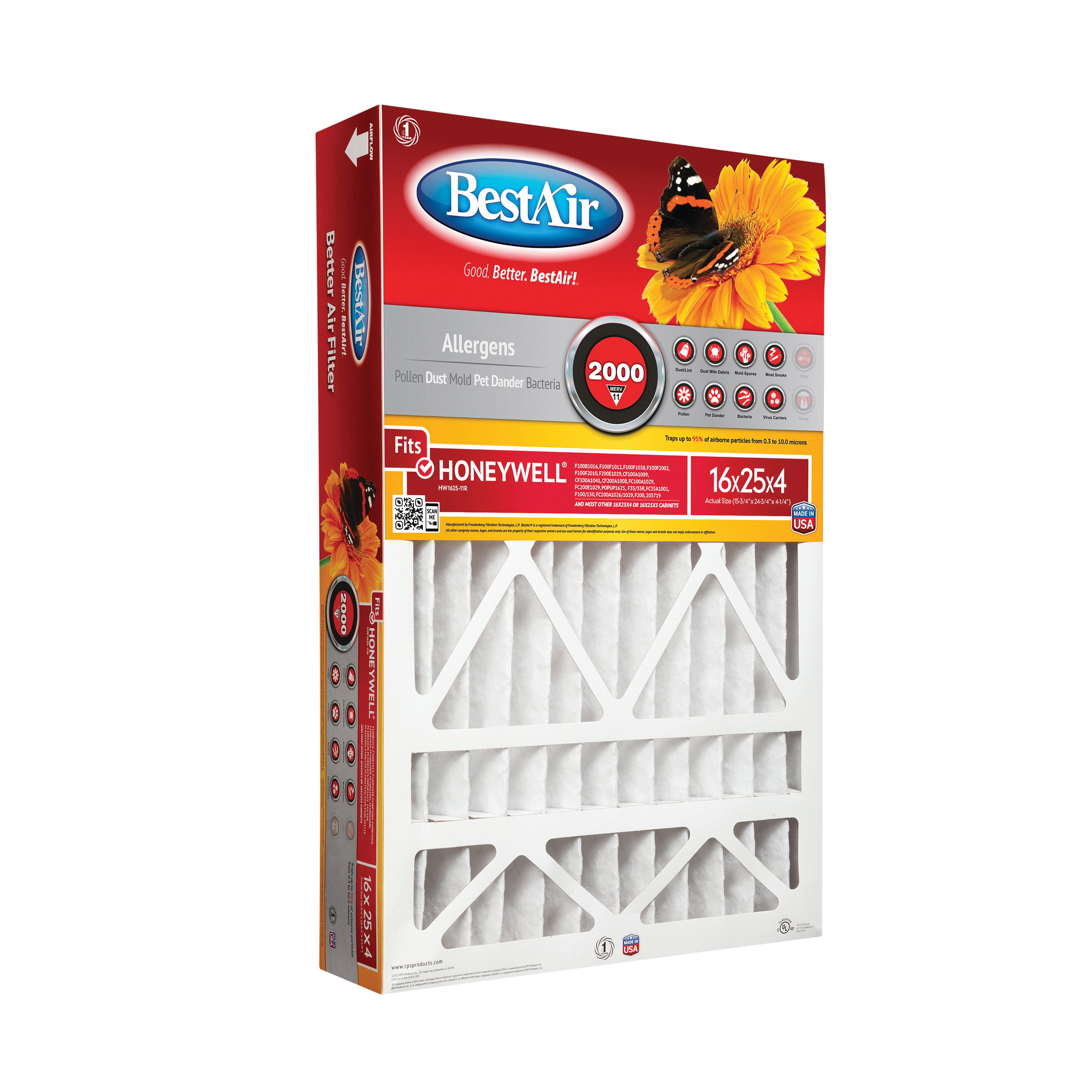 BestAir HW1625-11R Air Filter, 24-3/4 in L, 15-3/4 in W, 11 MERV, Cardboard Frame