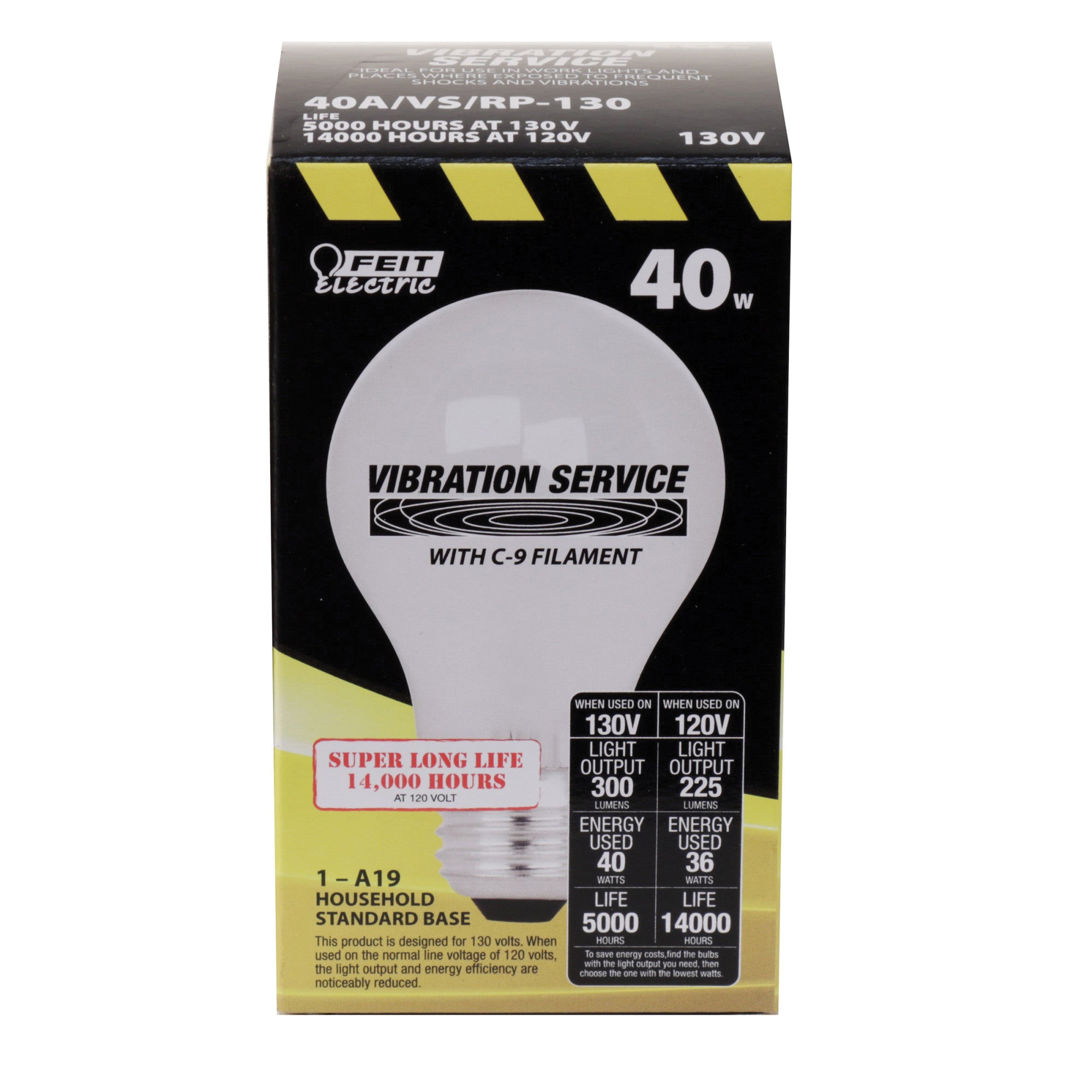 Feit Electric 40A/VS/RP-130 Incandescent Bulb, 40 W, A19 Lamp, E26 Medium Lamp Base, 300 Lumens, 2600 K Color Temp - 2