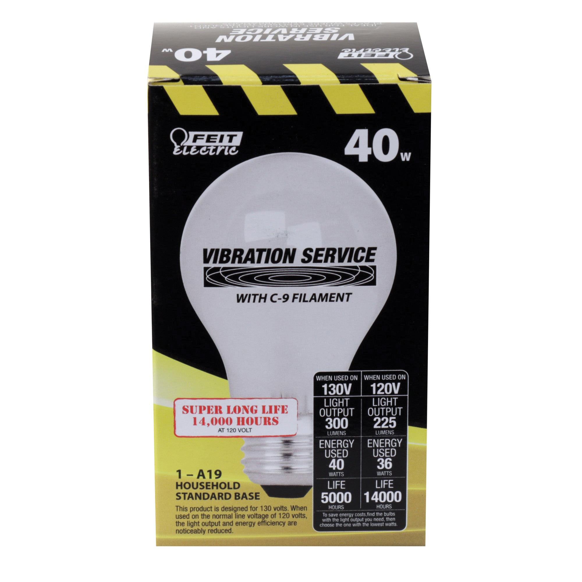 Feit Electric 40A/VS/RP-130 Incandescent Bulb, 40 W, A19 Lamp, E26 Medium Lamp Base, 300 Lumens, 2600 K Color Temp - 3