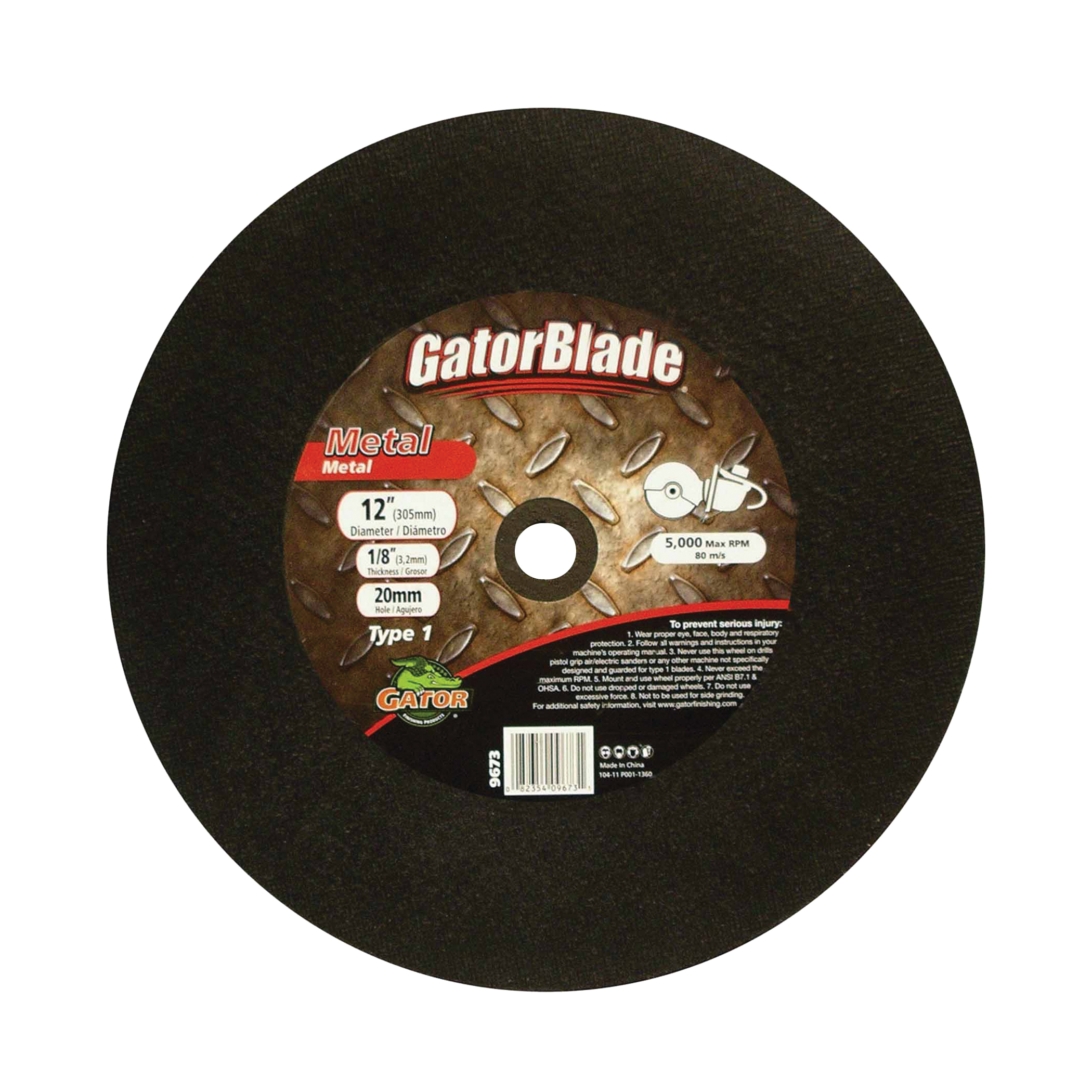 9673 Cut-Off Wheel, 12 in Dia, 1/8 in Thick, 20 mm Arbor