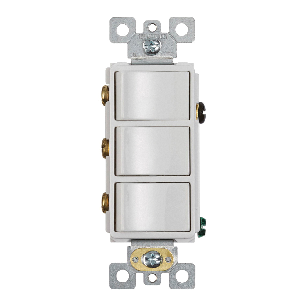 P3RW Three-Rocker Switch, 3-Pole, 15 A, 120 VAC, 3-Way, Plug-In Terminal, White