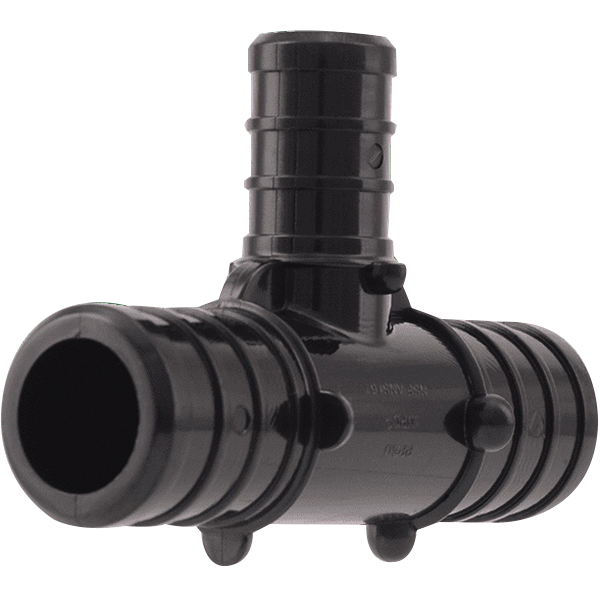 UP412A5 Reducing Pipe Tee, 1/2 x 3/4 in, Barb, Plastic, Black, 160 psi Pressure, 5/PK