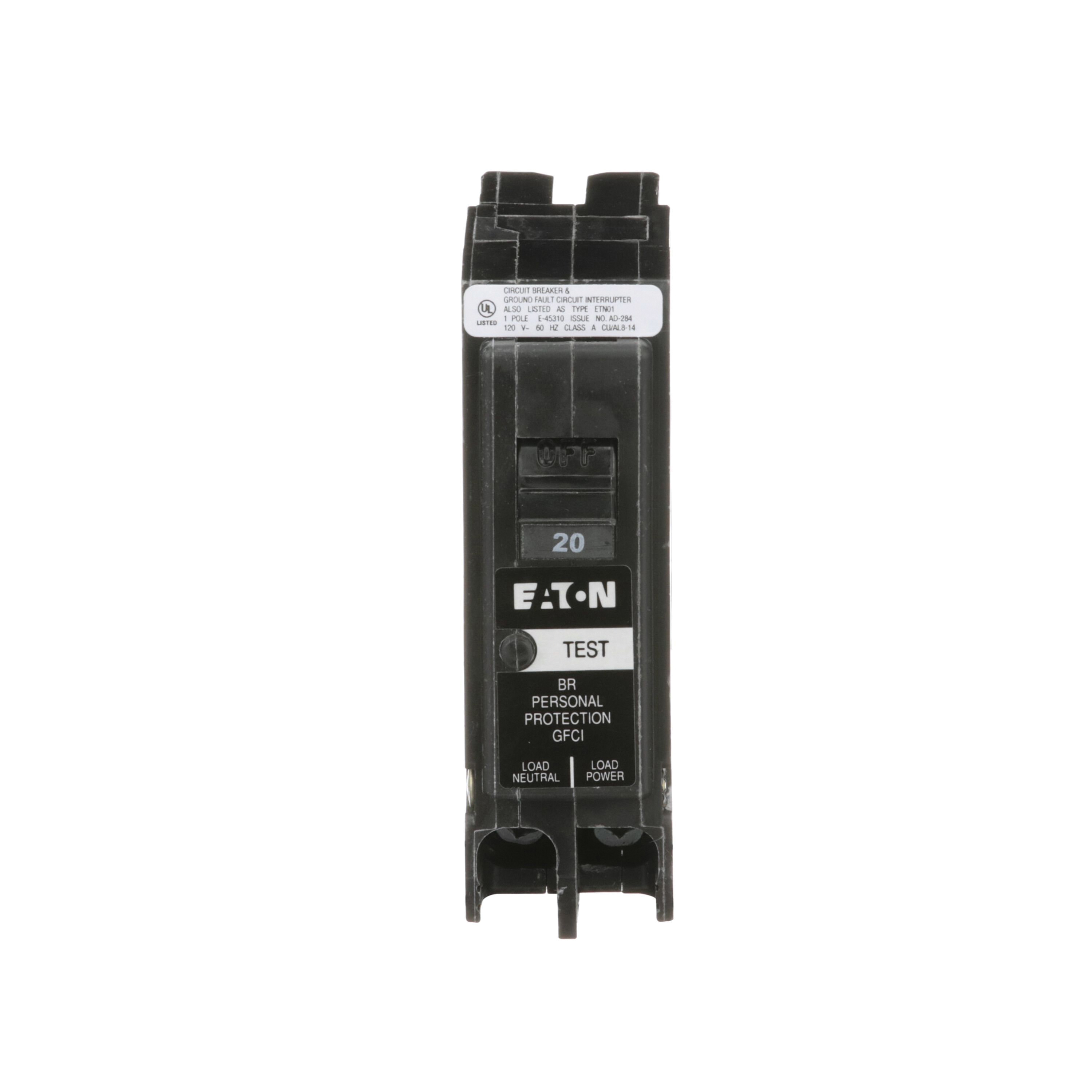 Eaton BRP120GF Circuit Breaker, Type BR GFCI, 20 Amp, 1-Pole, 120/240 V, Trip-to-Center Trip, Plug
