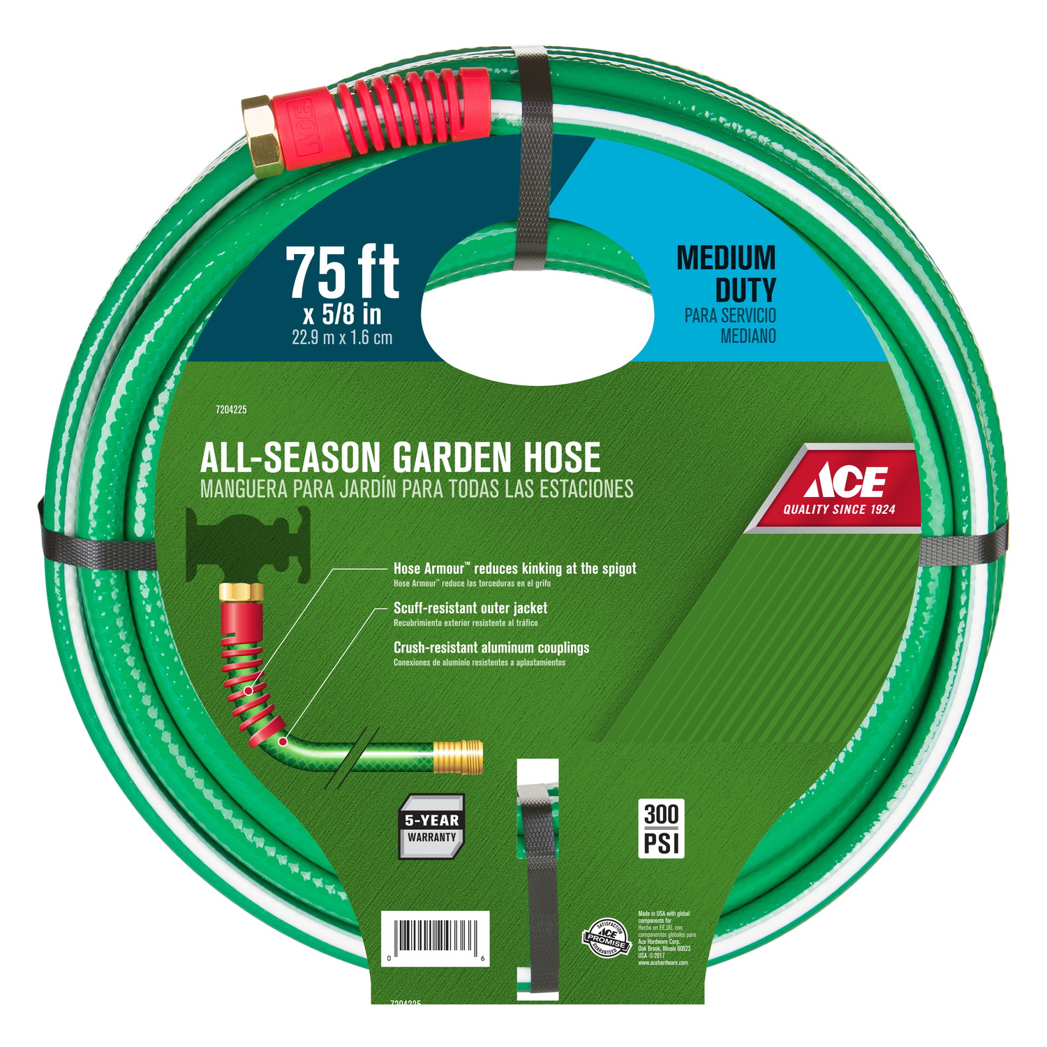 Garden Hose, Ace, 5/8 in, 75 ft L, Green - 2
