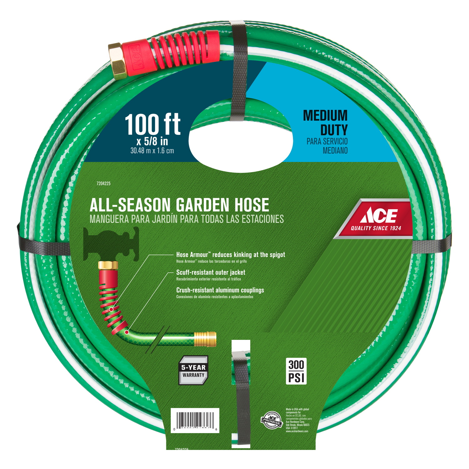 All Seasons Garden Hose, Ace, 5/8 in, 100 ft L, Green, 300psi - 2