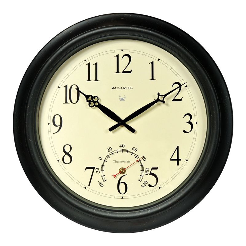 AcuRite 50308A1 Atomic Outdoor Clock with Thermometer, 18 in Dia, Round, Analog, Metal Frame, Black Frame