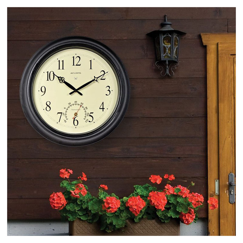 AcuRite 50308A1 Atomic Outdoor Clock with Thermometer, 18 in Dia, Round, Analog, Metal Frame, Black Frame