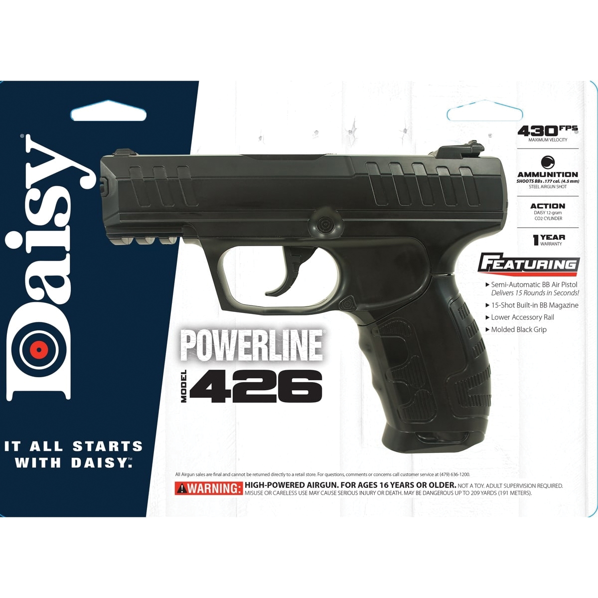 Daisy 980426-442 Air Pistol, 0.177 in Caliber/Gauge, BB, 15 Rounds, Blade, Ramp Front Sight, Steel