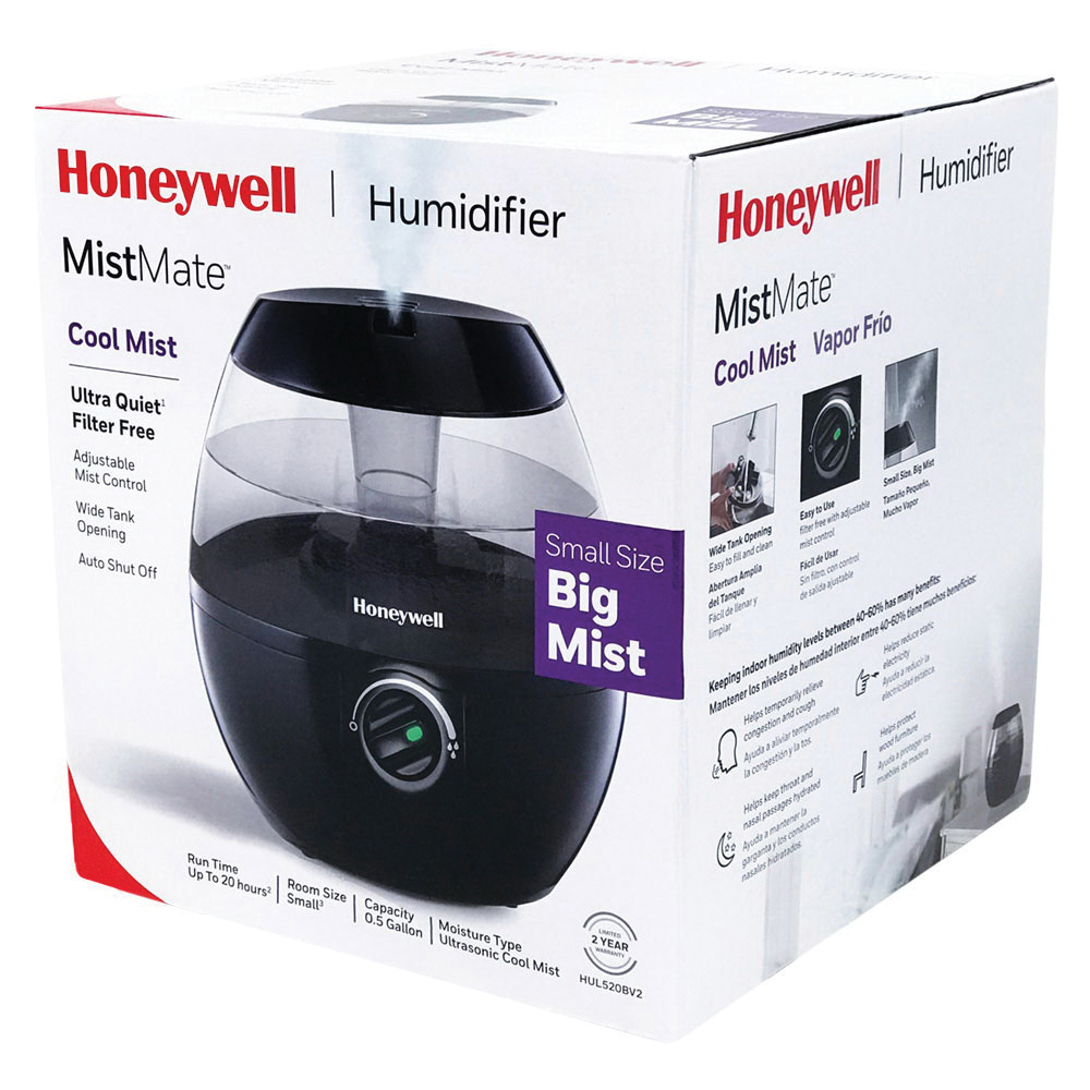 Honeywell MISTMATE HUL520BV Ultrasonic Cool Mist Humidifier, 150 sq-ft Coverage Area, 120 VAC, Black