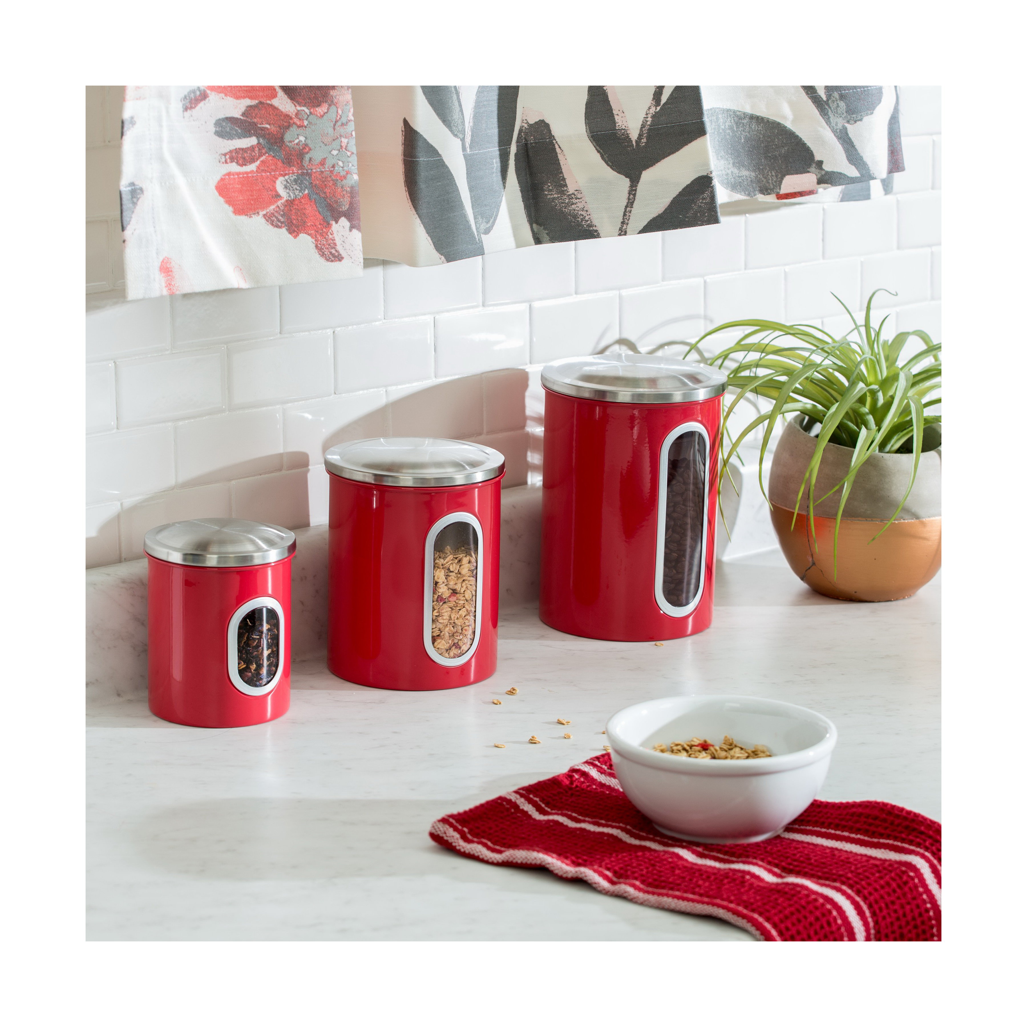 Honey-Can-Do KCH-03011 Canister Set, Stainless Steel, Red
