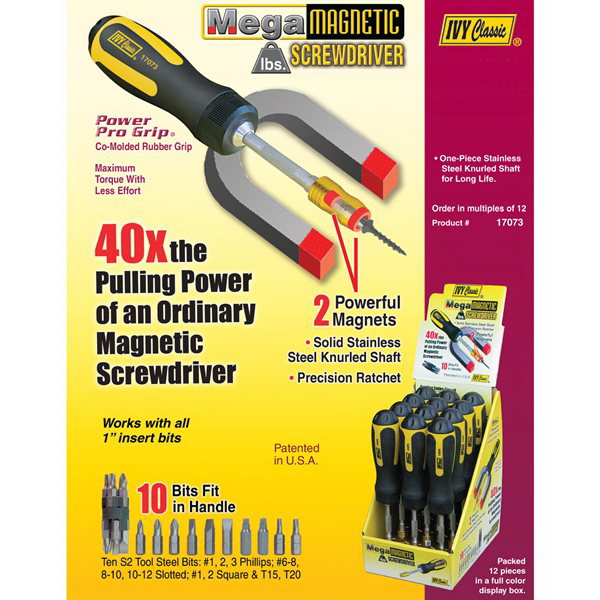 IVY Classic Mega-Magnetic Series 17073 Ratchet Screwdriver, #1, #2, #3, #6-8, #8-10, #10-12, T15, T20 Drive, 9 in OAL