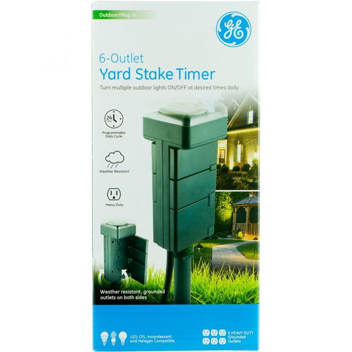GE 29972 Mechanical Stake Timer, 15 A, 125 VAC, 1875 W, 6 -Outlet, Green