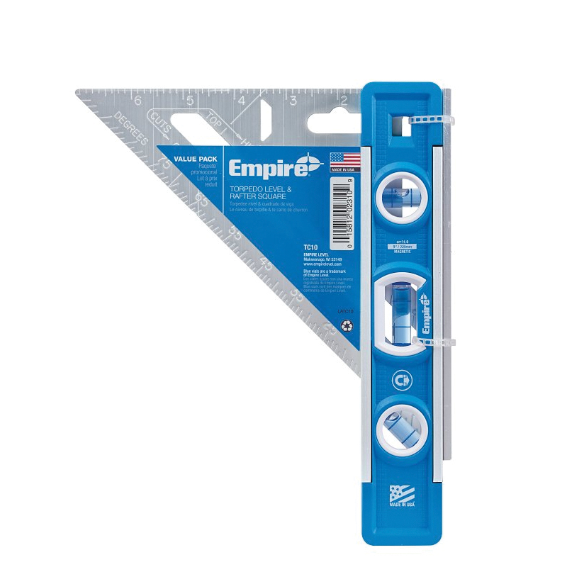 TC10-30 Torpedo Level and Square Combo, 9 in L, Magnetic, Aluminum/Plastic, Blue/Silver