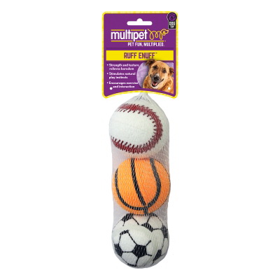 multipet 29163 Dog Toy, 2/2-1 in, Fetch Toy, Baseball, Basketball, Soccer Ball