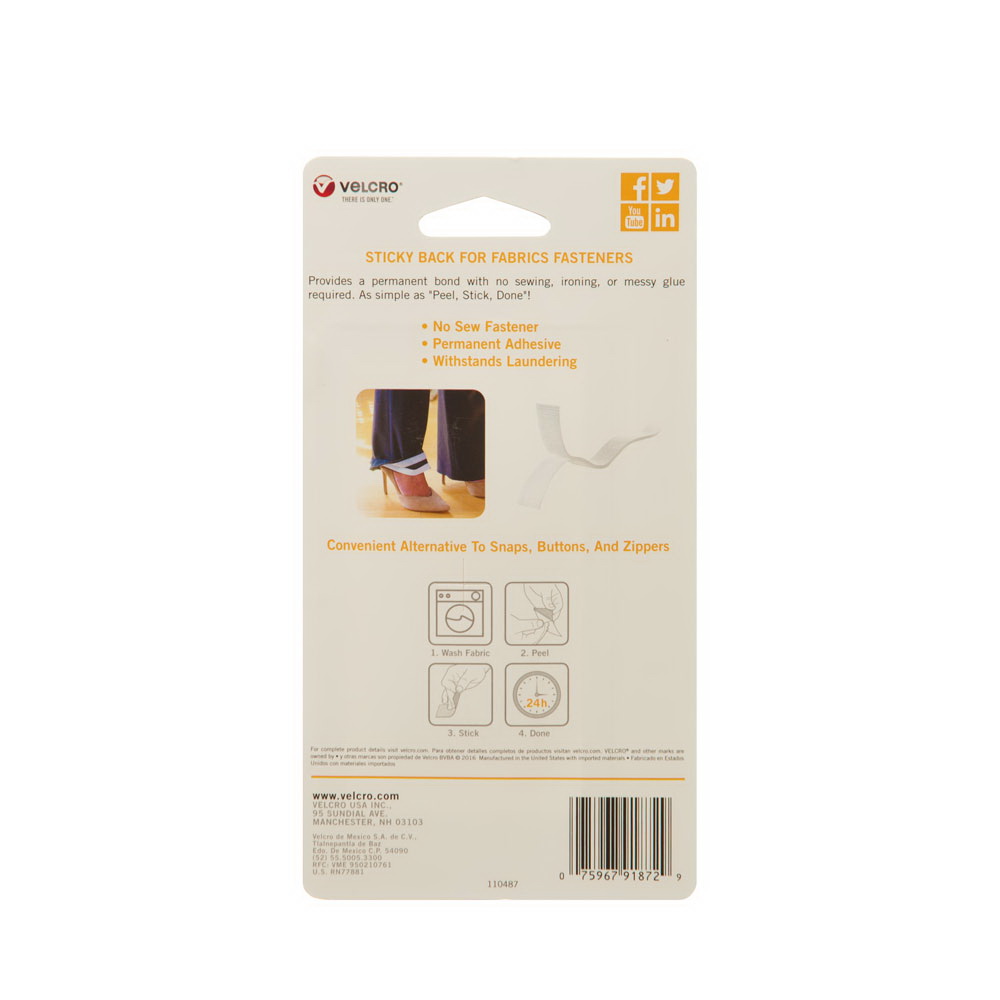 VELCRO Brand 91872 Sticky Back Tape, 3/4 in W, 24 in L, White