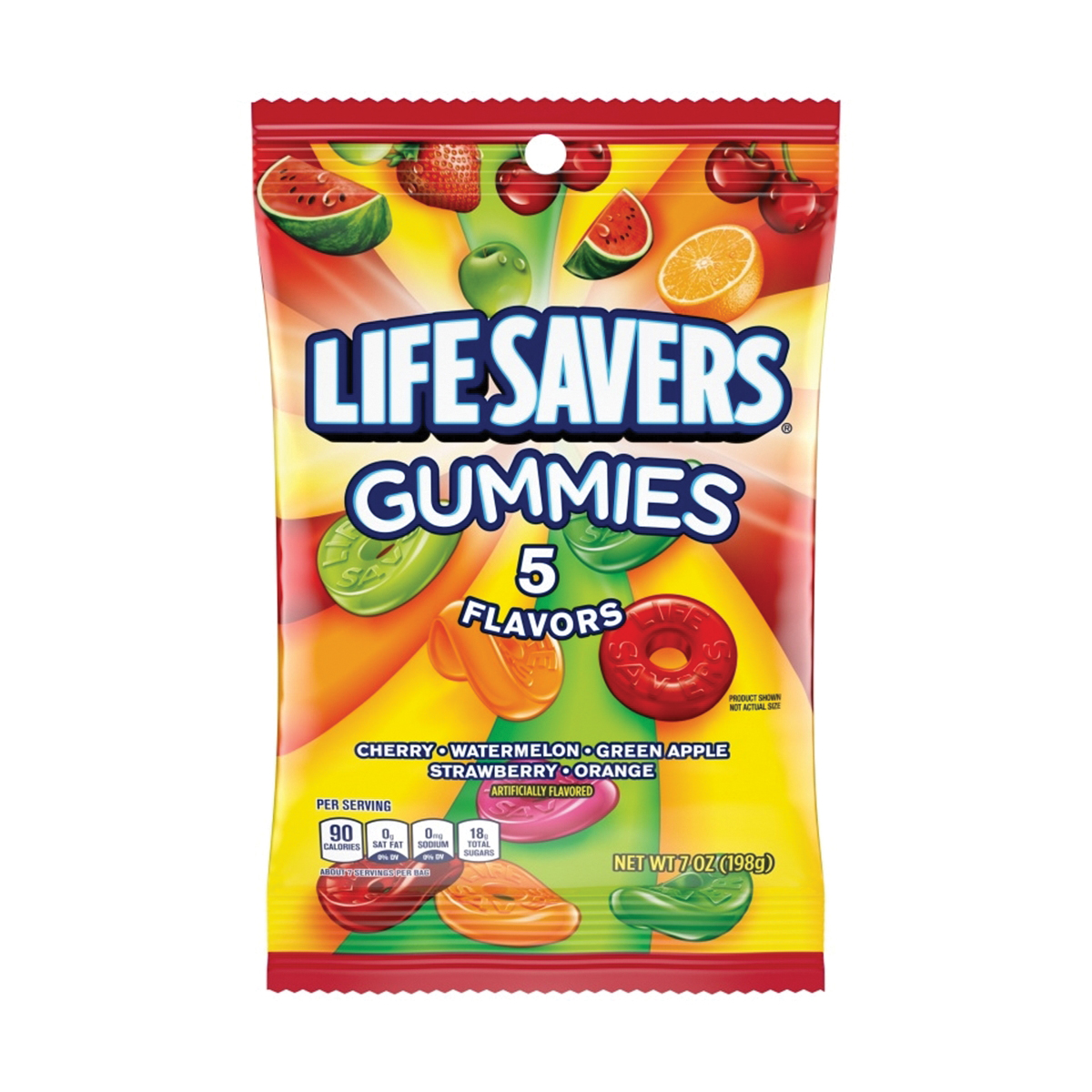 1900008342 Gummy Candy, Cherry, Green Apple, Orange, Strawberry, Watermelon Flavor, 7 oz Bag