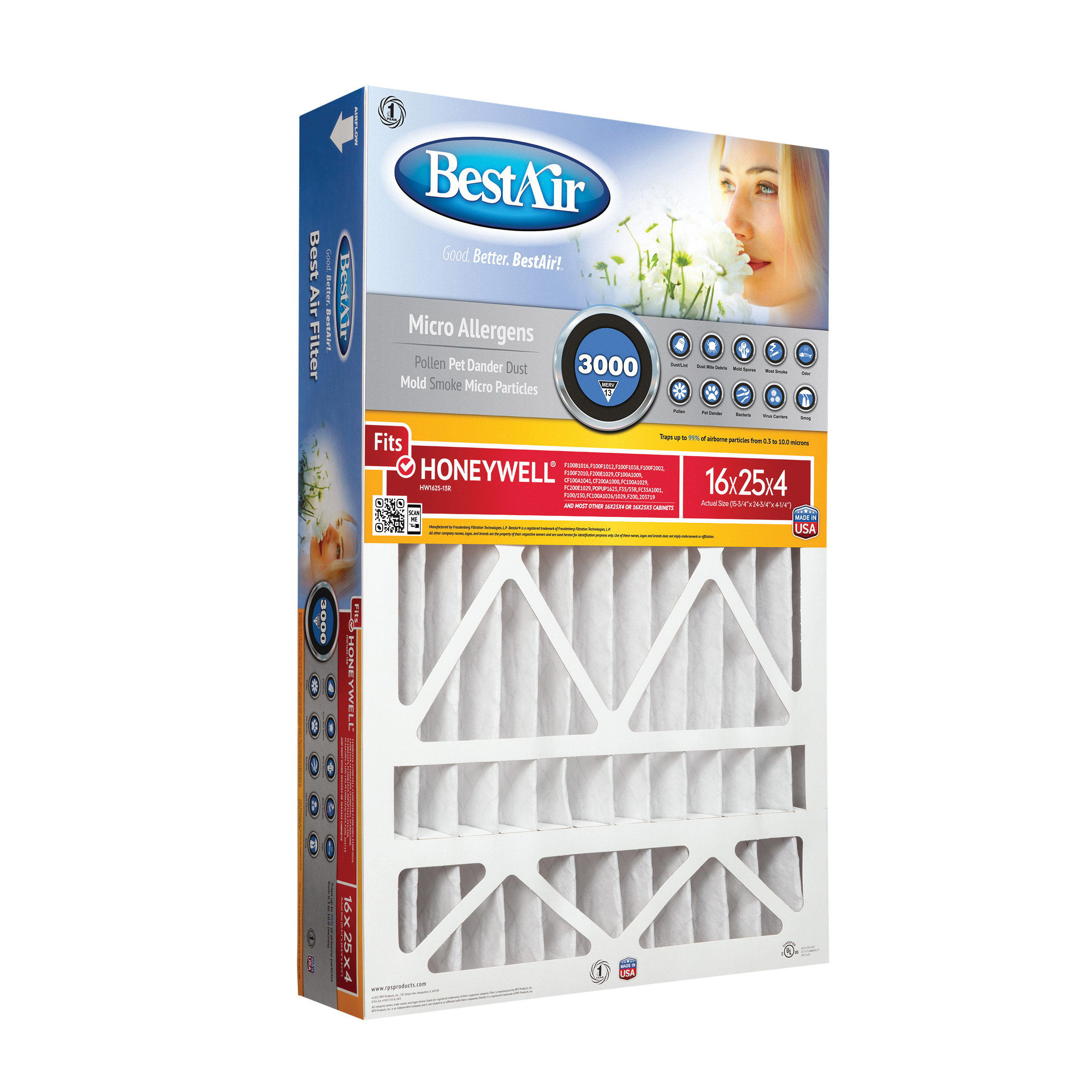 BestAir HW1625-13R Air Filter, 16 in L, 25 in W, 13 MERV, 1500 to 1900 MPR, Cardboard Frame