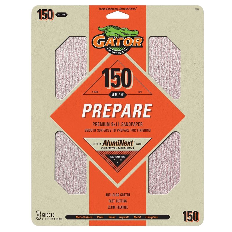 7264 Premium Sandpaper, 9 in W, 11 in L, 150 Grit, Medium, Latex Backing