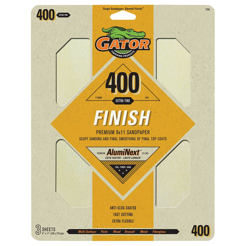 7268 Premium Sandpaper, 9 in W, 11 in L, 400 Grit, Fine, Latex Backing