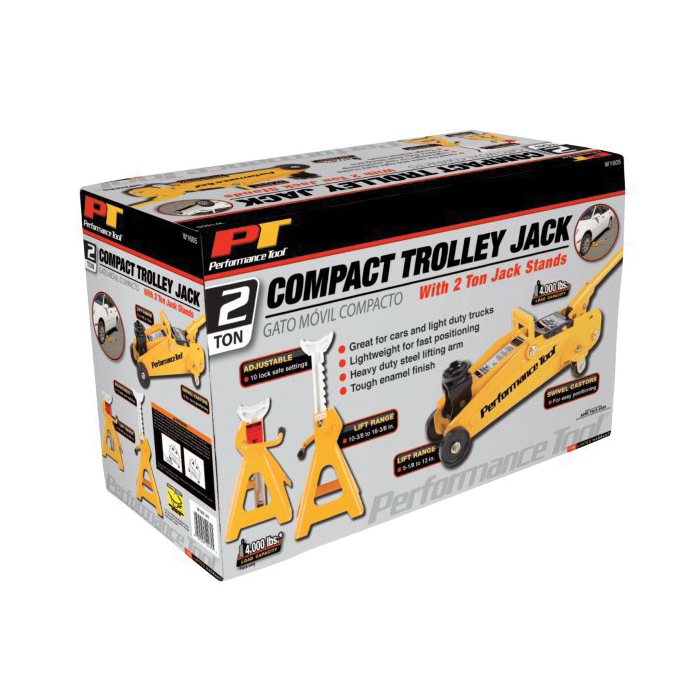 Performance Tool W1605 Trolley Jack and Stand, 4000 lb, 5-1/8 to 13 in Lift, Steel