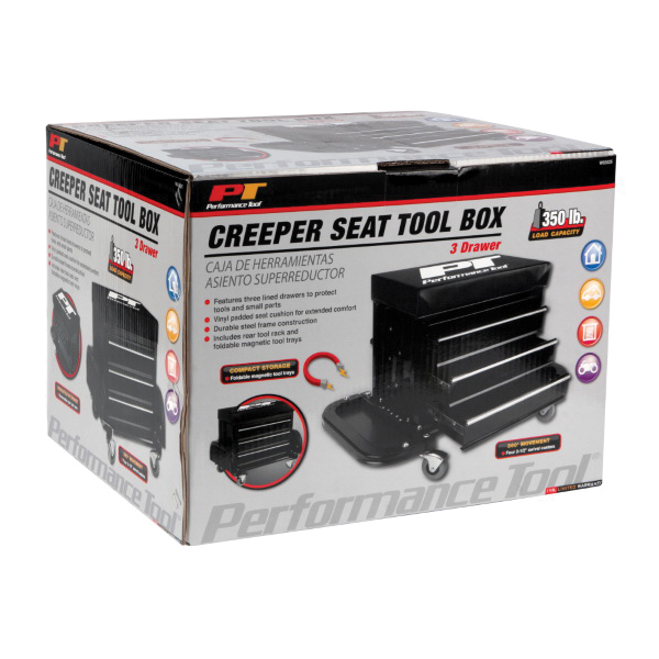 Performance Tool W85025 Rolling Mechanics Seat, 350 lb, 9 in OAL, Vinyl Seat