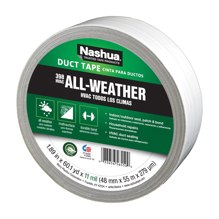 Nashua 1529726 Duct Tape, 60.1 yd L, 1.89 in W, Polyethylene-Coated Cloth Backing, White