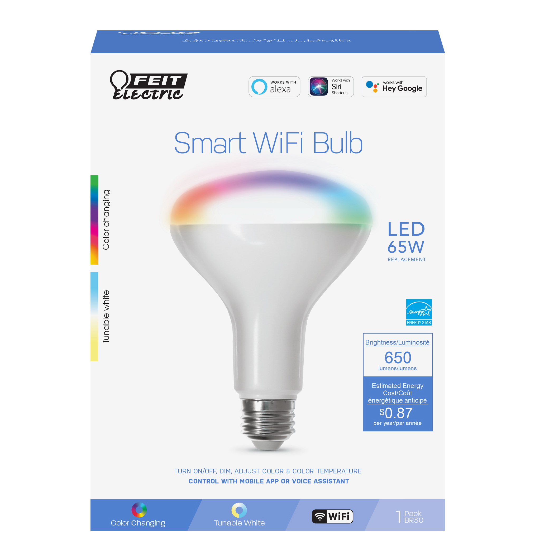 Feit Electric BR30/RGBW/CA/AG Smart Bulb, 650 Lumens, 2700 to 6500 K Color Temp, 8 W, Wi-Fi Connectivity: 2.4 GHz