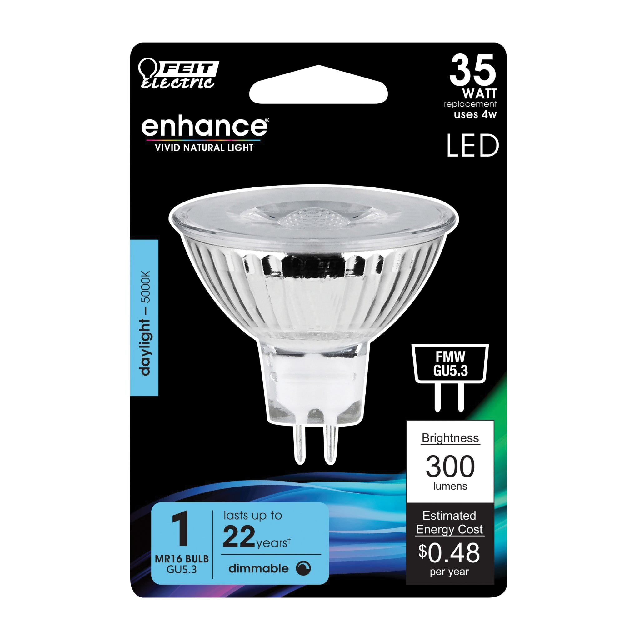 Feit Electric BPFMW/950CA Enhance LED Light Bulb, Track/Recessed, MR16 Lamp, 35 W Equivalent, GU5.3 Lamp Base, Dimmable - 2