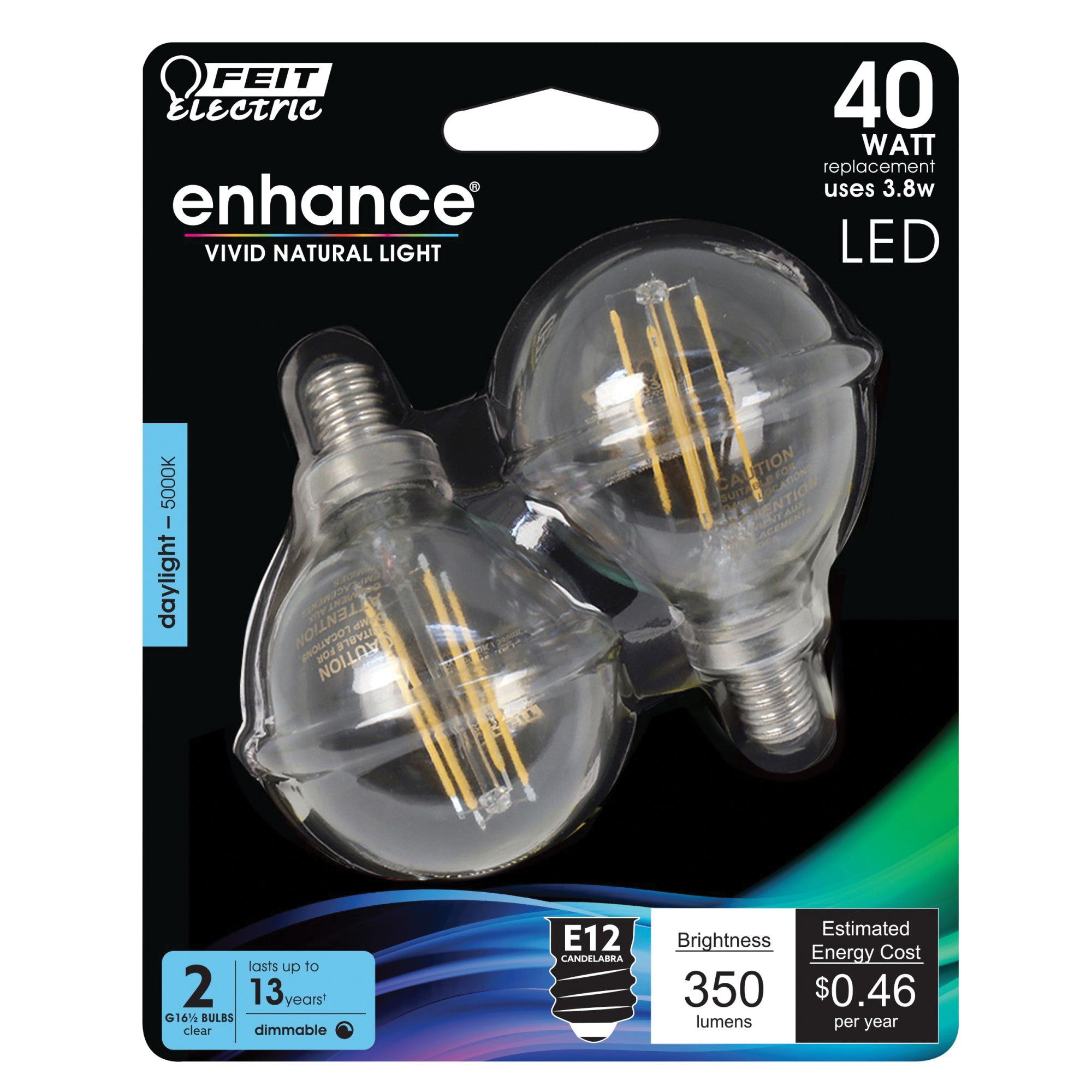 Feit Electric BPG1640950CAFIL/2 Filament LED Bulb, Globe, G16-1/2 Lamp, E12 Candelabra Lamp Base, Dimmable, Daylight - 2