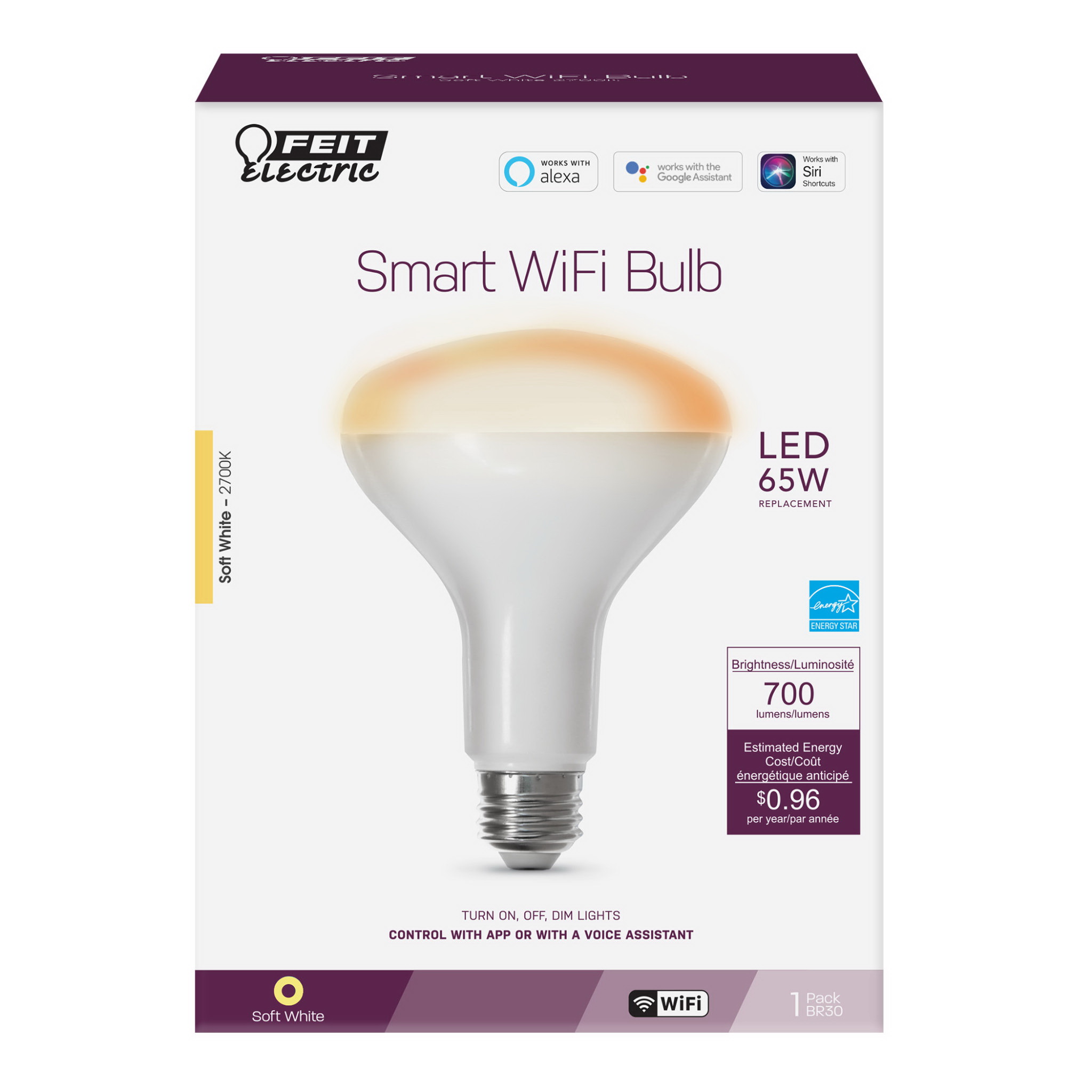 Feit Electric BR30/927CA/AG Smart Bulb, 8 W, Wi-Fi Connectivity: 2.4 GHz, Mobile App/Voice Commands Control - 3