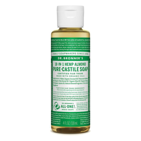 DR. BRONNER'S 371514 Pure-Castile Soap, Liquid, Clear/Slightly Hazy Brown, Almond, 4 fl-oz Bottle - 1